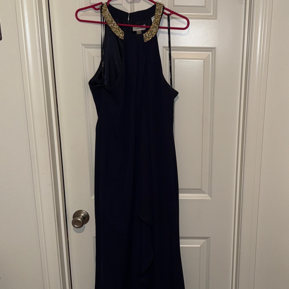 Calvin Klein Dark Blue Evening Gown with Gold Accents